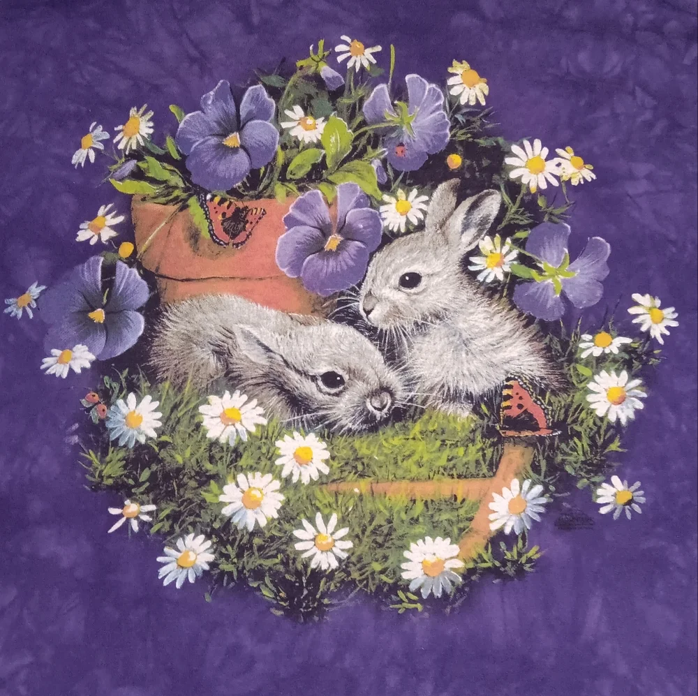 1999 The Mountain Rabbits & Flowers Tie Dye Shirt Vintage 90s Wildlife Tee Bunny - Picture 2 of 6